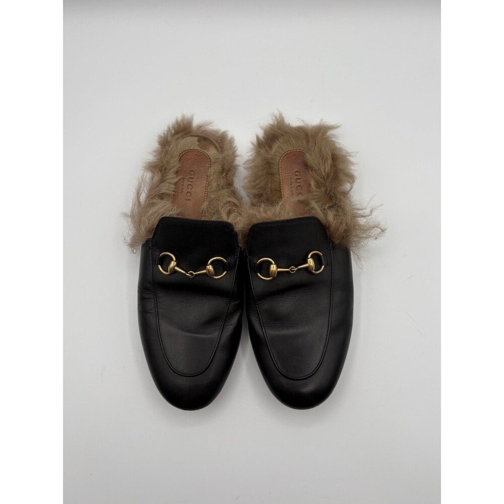 Gucci Black Leather Princetown Loafer Mule Fur Lined Horse-bit Accent Sz EU 37.5 - Picture 2 of 11
